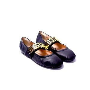 NIB Moschino Black Leather Ballet Flats Gold Lettering Logo in Metal 37 EU 7 US